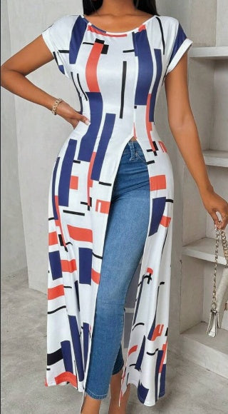Women's Casual Geometric Print High Slit Maxi T-Shirt, Summer - Lovin’ The Beauty