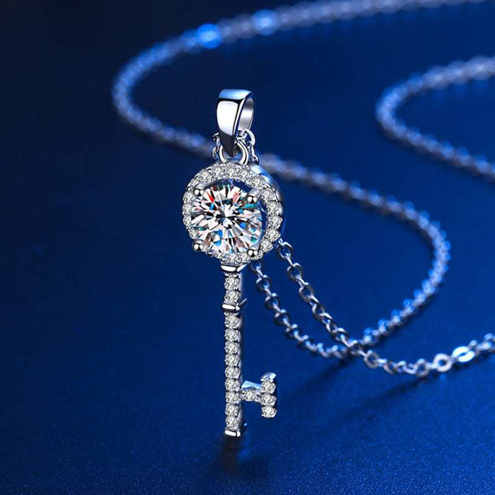 Platinum Mosang Stone Love Key Pendant Necklace - Lovin’ The Beauty 