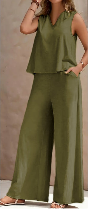 Vibrant Solid Color Casual Pants Set - V Neck Sleeveless Tank Top, Wide Leg Pants With Pocket, Polyester Fabric, Machine Washable - Perfect For Summer, All Season Wear - Lovin’ The Beauty