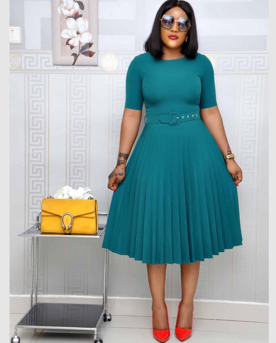 Round Neck Pleated Dress - Lovin’ The Beauty 