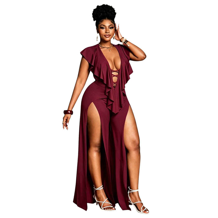 Ruffle-Trimmed Wide-leg Split Jumpsuit