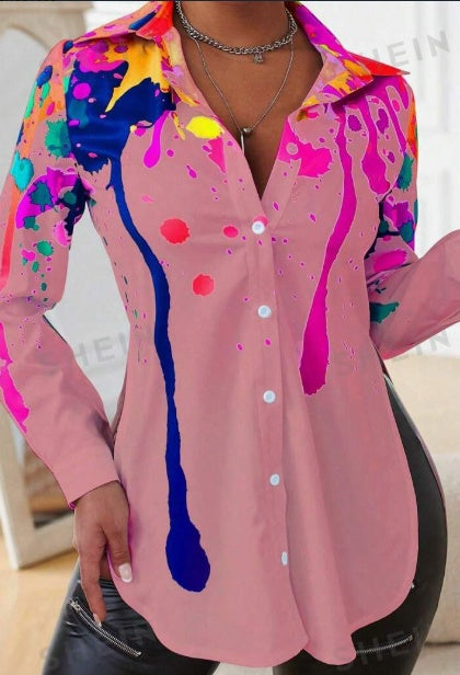 Spring And Autumn Leisure Ink-Splash Printed Side Slit Long Sleeve Shirt - Lovin’ The Beauty 