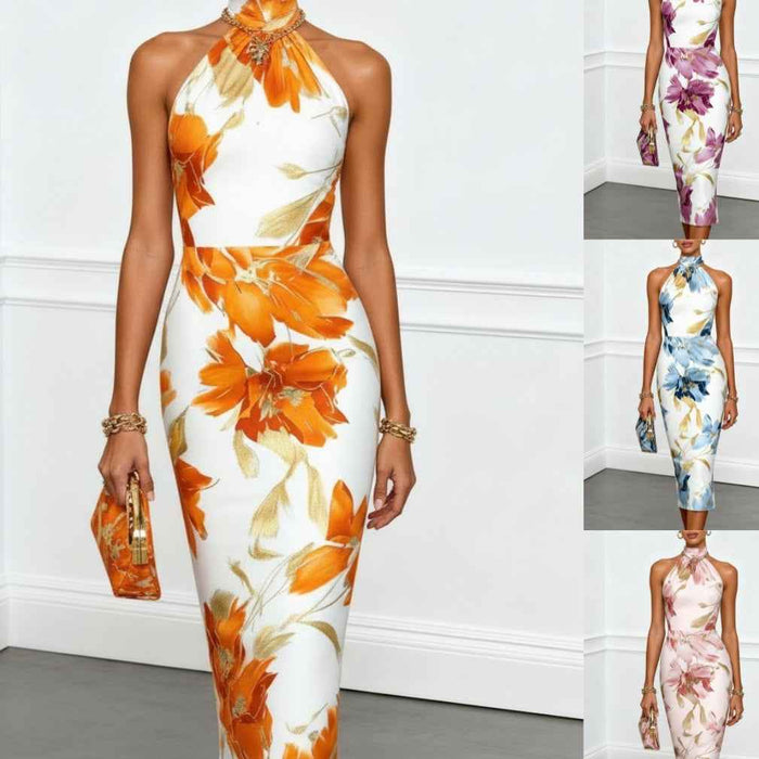 Elegant Floral Print Halter Neck Midi Dress Polyester For Women