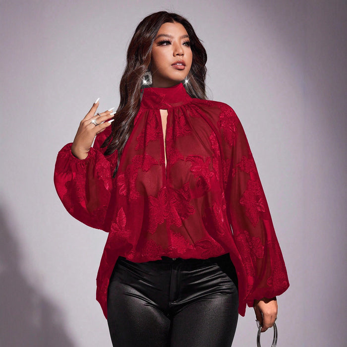 Plus-size Floral Sheer Long-sleeve Scarf-collar Chic Workwear Shirt - Lovin’ The Beauty 