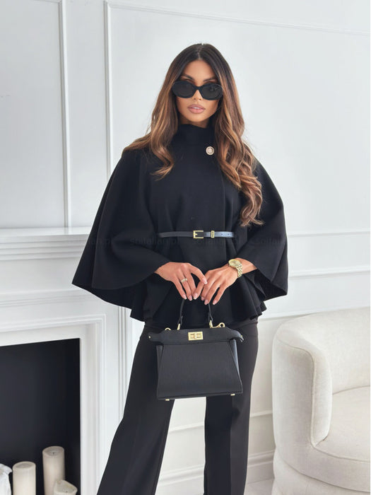 New Stand Collar Batwing Sleeves Cloak Top With Belt Ins Fashion Temperament Jacket Woolen Sweater Outwear For Women Clothing - Lovin’ The Beauty 