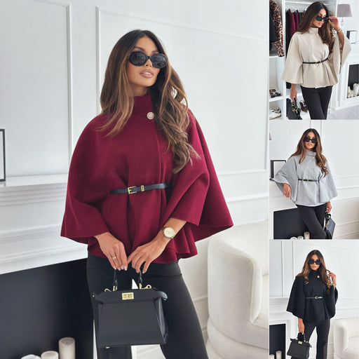 New Stand Collar Batwing Sleeves Cloak Top With Belt Ins Fashion Temperament Jacket Woolen Sweater Outwear For Women Clothing - Lovin’ The Beauty 