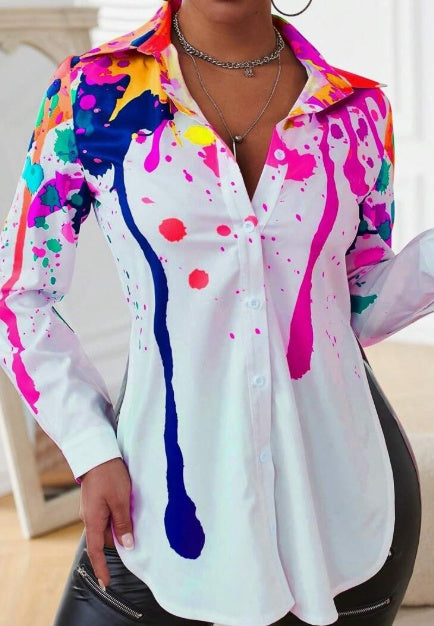 Spring And Autumn Leisure Ink-Splash Printed Side Slit Long Sleeve Shirt - Lovin’ The Beauty 