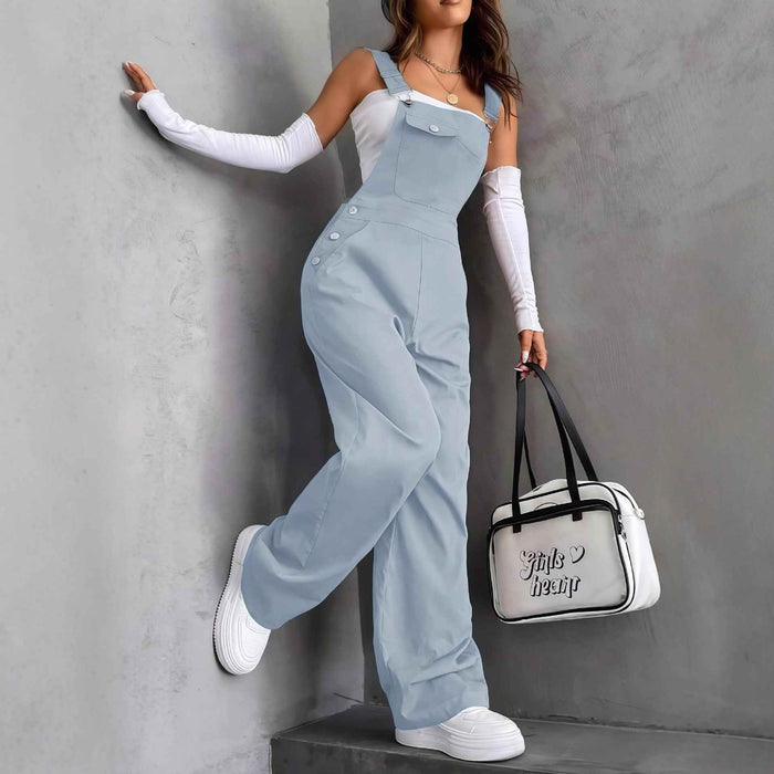 Retro Pocket Overalls Straight-Leg Suspender Jumpsuit