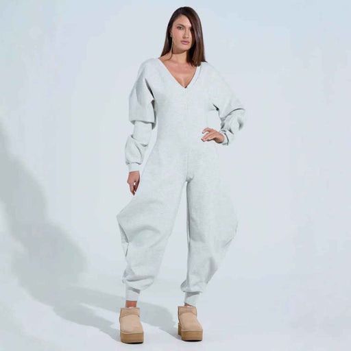Women Puff Sleeve V Neck Bodycon Jumpsuit Long Stretch Slim Fit Outfit