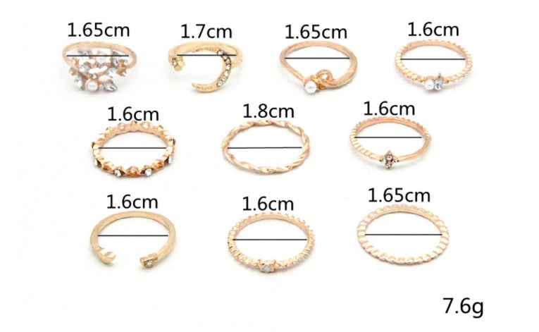 Bohemian Moon Star Pearl Leaf Ring Set Gold Plated 10 Piece