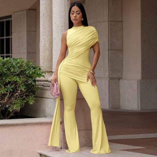 Crew-Neck Pleated BodyCon Ribbon Jumpsuit