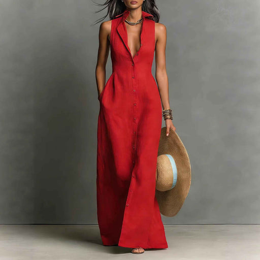 Breasted Sleeveless Shirt-collar Dress
