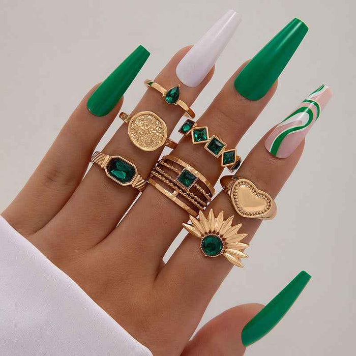 Emerald Diamond Palm Ring Sets For Couples Unisex Alloy Jewelry