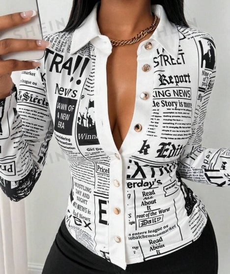 Women's Casual Daily Full Print Front Button Long Sleeve Shirt - Lovin’ The Beauty 