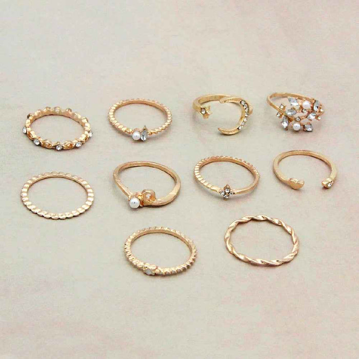 Bohemian Moon Star Pearl Leaf Ring Set Gold Plated 10 Piece