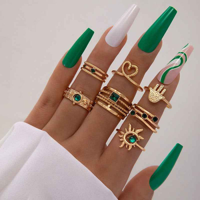Emerald Diamond Palm Ring Sets For Couples Unisex Alloy Jewelry
