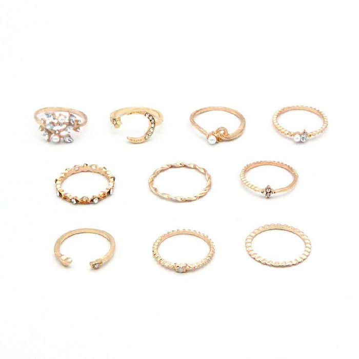 Bohemian Moon Star Pearl Leaf Ring Set Gold Plated 10 Piece