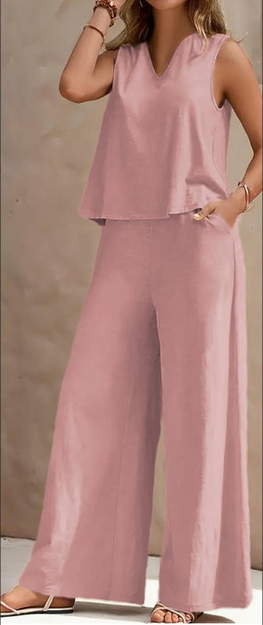 Vibrant Solid Color Casual Pants Set - V Neck Sleeveless Tank Top, Wide Leg Pants With Pocket, Polyester Fabric, Machine Washable - Perfect For Summer, All Season Wear - Lovin’ The Beauty 