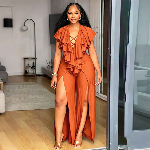 Ruffle-Trimmed Wide-leg Split Jumpsuit