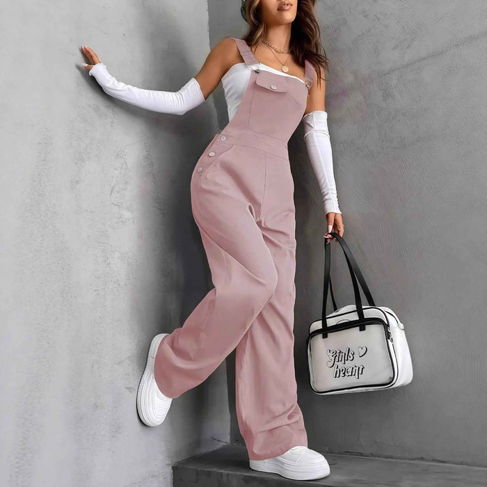 Retro Pocket Overalls Straight-Leg Suspender Jumpsuit