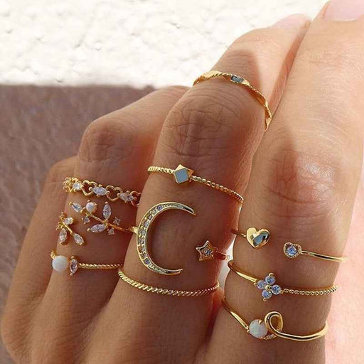 Bohemian Moon Star Pearl Leaf Ring Set Gold Plated 10 Piece