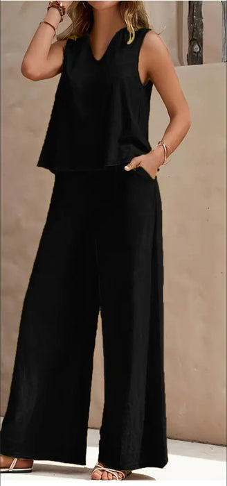 Vibrant Solid Color Casual Pants Set - V Neck Sleeveless Tank Top, Wide Leg Pants With Pocket, Polyester Fabric, Machine Washable - Perfect For Summer, All Season Wear - Lovin’ The Beauty 