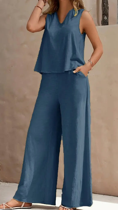 Vibrant Solid Color Casual Pants Set - V Neck Sleeveless Tank Top, Wide Leg Pants With Pocket, Polyester Fabric, Machine Washable - Perfect For Summer, All Season Wear - Lovin’ The Beauty 