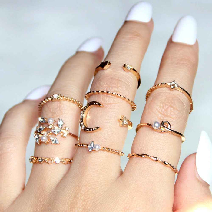 Bohemian Moon Star Pearl Leaf Ring Set Gold Plated 10 Piece