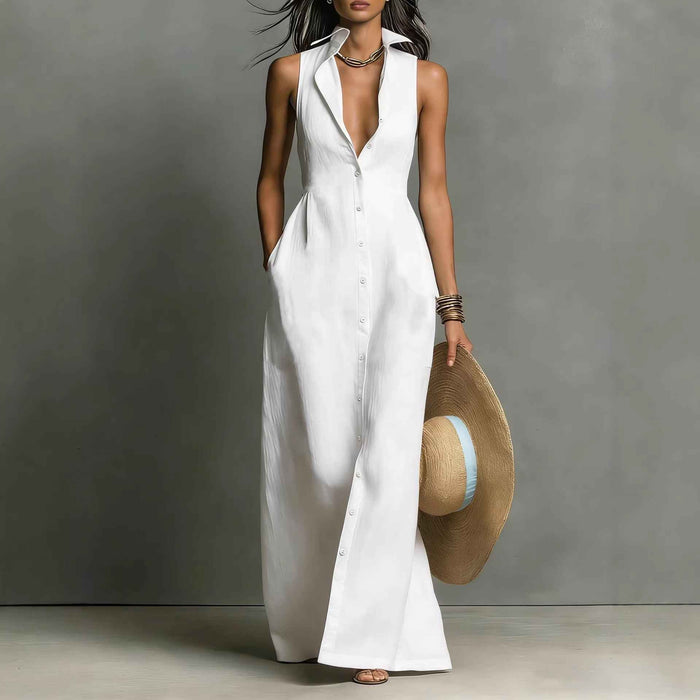 Breasted Sleeveless Shirt-collar Dress
