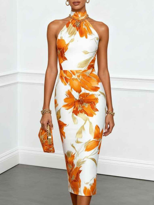 Elegant Floral Print Halter Neck Midi Dress Polyester For Women