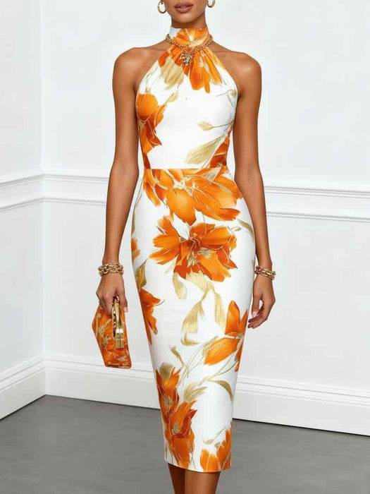 Elegant Floral Print Halter Neck Midi Dress Polyester For Women