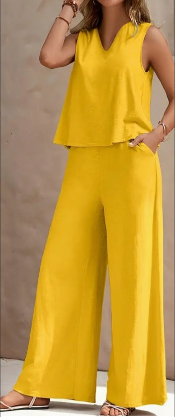Vibrant Solid Color Casual Pants Set - V Neck Sleeveless Tank Top, Wide Leg Pants With Pocket, Polyester Fabric, Machine Washable - Perfect For Summer, All Season Wear - Lovin’ The Beauty 