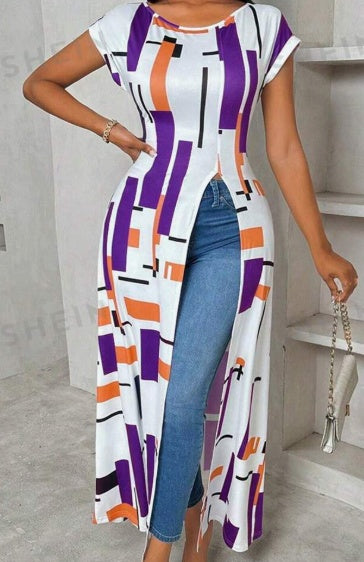 Women's Casual Geometric Print High Slit Maxi T-Shirt, Summer - Lovin’ The Beauty 